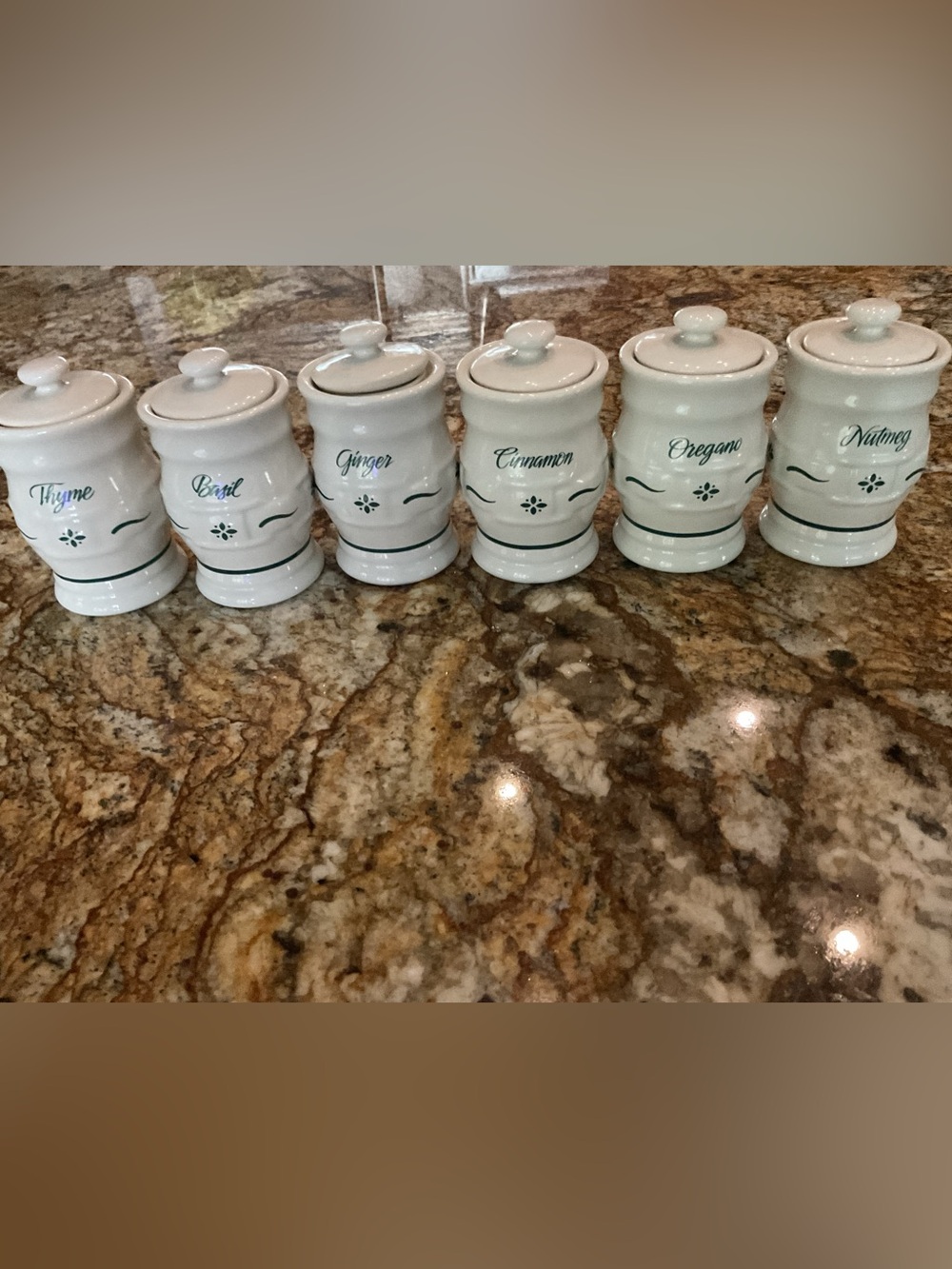 Longaberger Ceramic Spice Jars in Cream with Green Script
